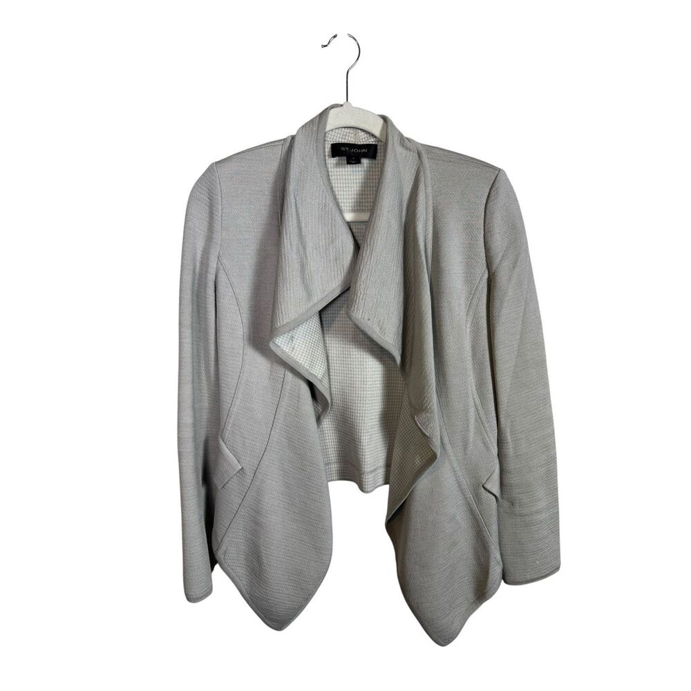 St. John Waterfall Cardigan Blazer Size 4 Knit Light Gray Long Sleeve